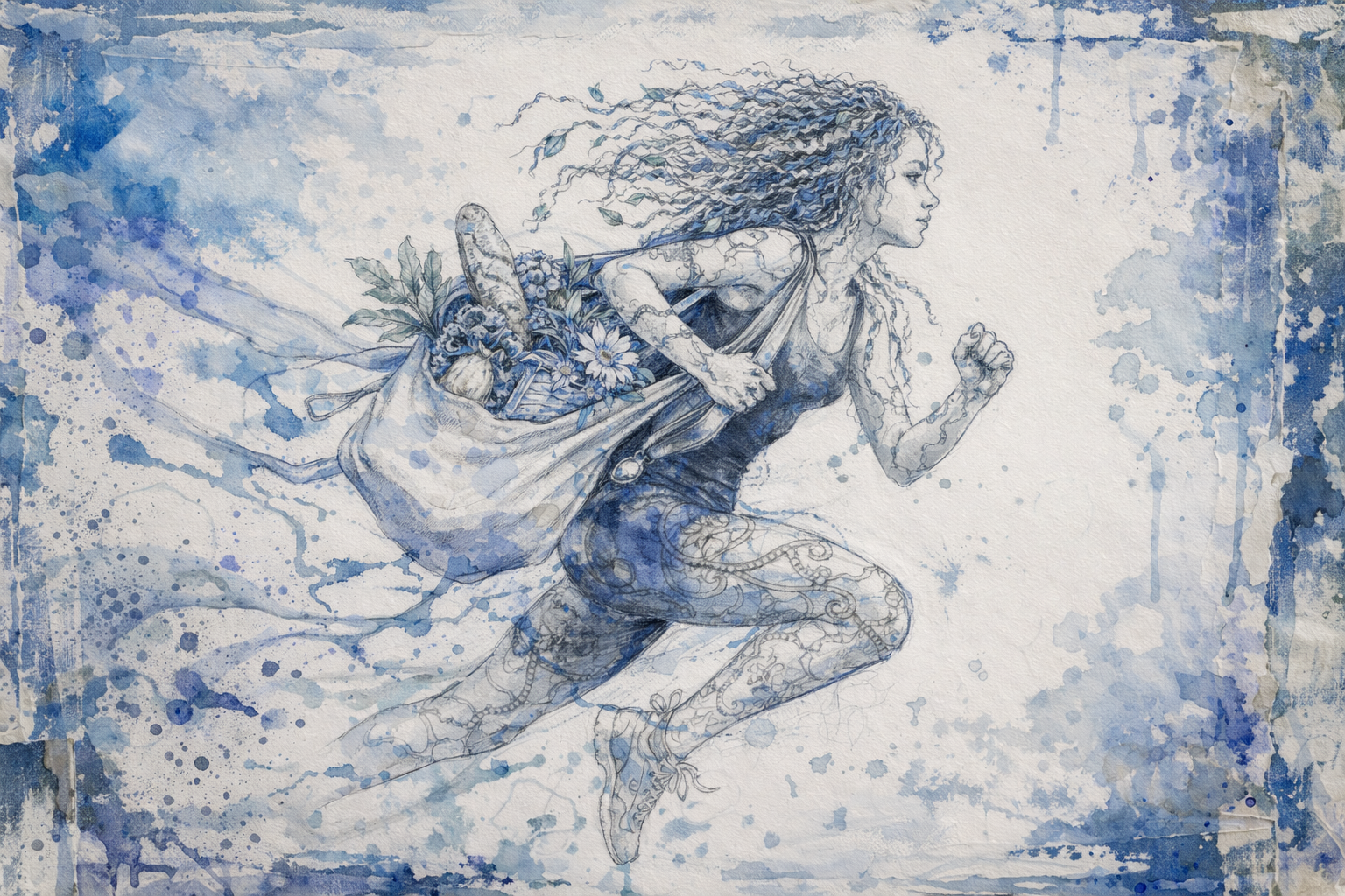 Watercolor illustration of a woman running with a basket of groceries and goods